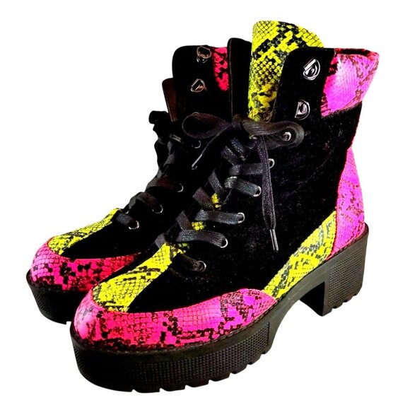 Vivianly Women's Pink & Yellow Snake Print Platform Boots W/Black Velvet Accents - Picture 3 of 11